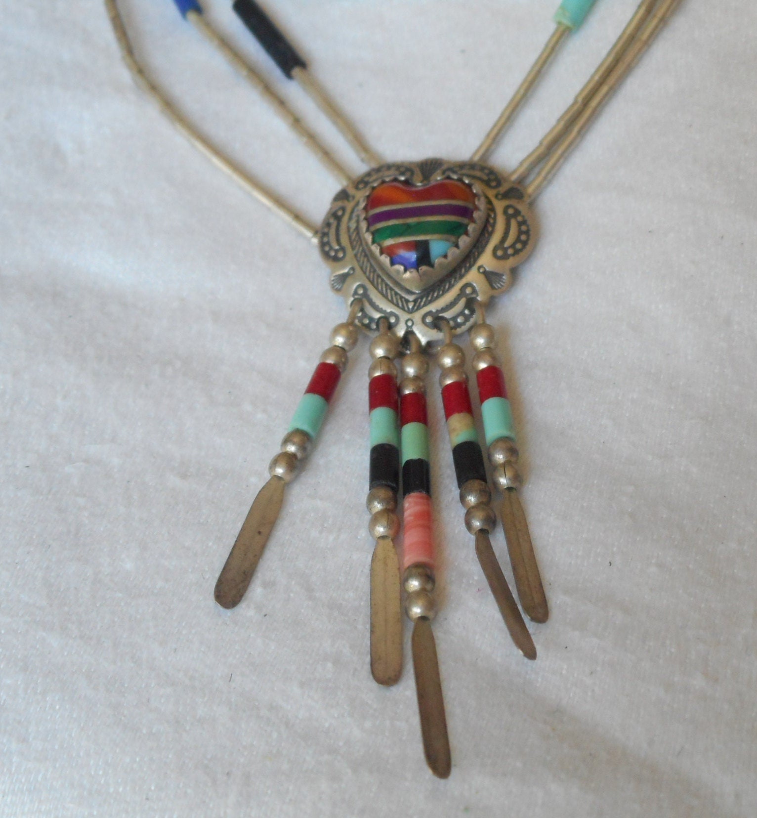 Vintage 3 Liquid Silver Strand Beaded Necklace with Heart Multi Inlay Stone Pendant Charm & Dangles Costume Clothing Adorn Accessory Jewelry