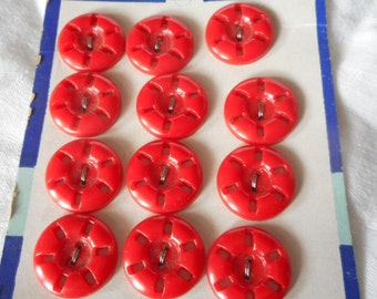 Set/ 12 VINTAGE 3/4” Red Pierced Plastic Sew Thru Card Costume Clothing Adorn Embellish Sewing Supply Finding Closure Fastener BUTTONS