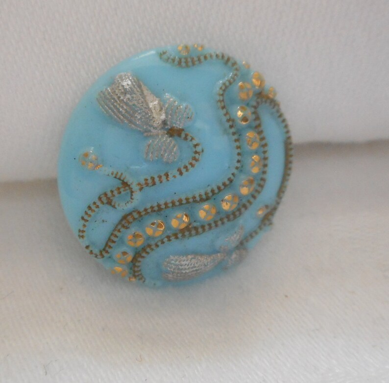 ANTIQUE VINTAGE 1316 Robins Egg Blue Tinted Fancy Glass Adorn Embellish Clothing Sewing Supplies Craft Finding Closure Fastener Button