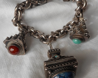 VINTAGE Heavy Sterling Silver Link Chain Etruscan Revival Chunky 1 Poison Charm Stone & Filigree Costume Adorn  Embellish Jewelry Bracelet