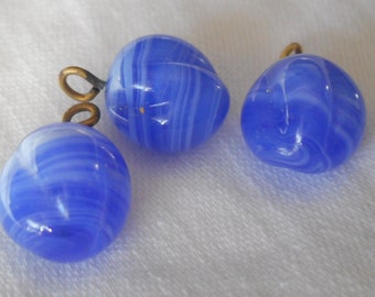 Set 3 VINTAGE 7/16” Pinched Ridge Blue & White Marble Glass Sewing Supply Clothing Adorn Embellish Craft Finding Closure Bead / BUTTONS