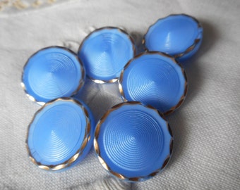 Set/ 6 VINTAGE 3/4" Gold Trim Scallop Edge Blue Glass Clothing Adorn Embellish Sewing Supply Craft Finding Closure Fastener BUTTONS