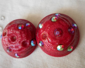 Set/ 2 VINTAGE 1  1/8” Red Chunky Dome Iridescent Rhinestone   Clothing Adorn Embellish Sewing Supply Finding Closure Fastener BUTTONS