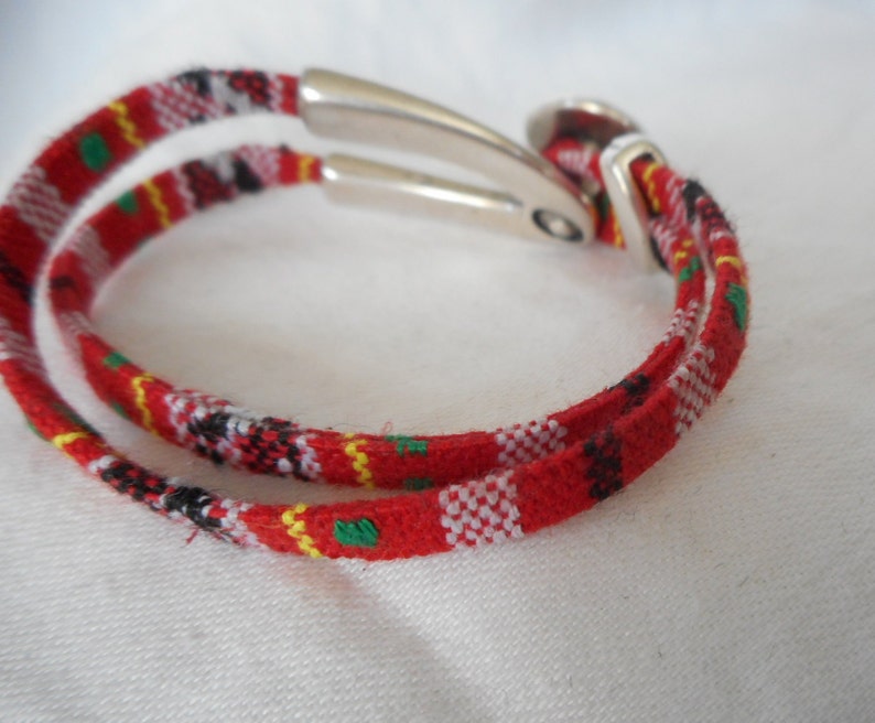 Ethnic Tribal Fabric Silver Button Hook Costume Jewelry Handmade Bracelet