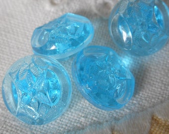 Set/ 4 VINTAGE 1/2” Blue Glass Flower Clothing Adorn Accessory Embellishment Sewing Supply Craft Finding Closure Fastener BUTTONS