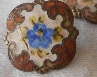 Small ANTIQUE White & Blue Enamel Flower Square Scallop Edge BUTTON