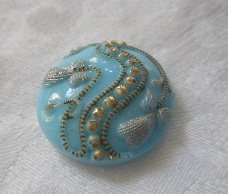 ANTIQUE VINTAGE 1316 Robins Egg Blue Tinted Fancy Glass Adorn Embellish Clothing Sewing Supplies Craft Finding Closure Fastener Button