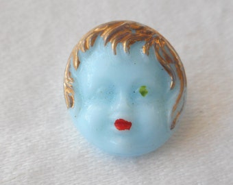 VINTAGE 9/16” Realistic Painted Child Face Blue Glass Costume Clothing Sewing Supply Adorn Embellish Craft Finding Closure Fastener BUTTON