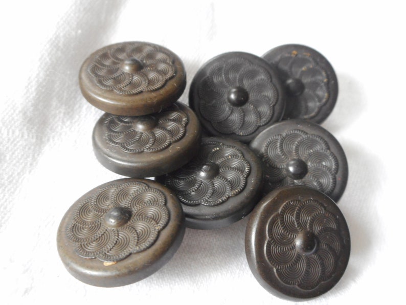 Set 8 ANTIQUE VINTAGE Swirl Petal Flower Black Signed Goodyear Rubber Metal Shank Collectible Sewing Supply Craft Closure Finding BUTTONS