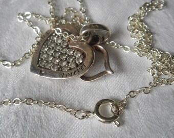 VINTAGE Double Realistic Heart Rhinestone & Silver Friends Costume Jewelry Necklace Pendant Charm