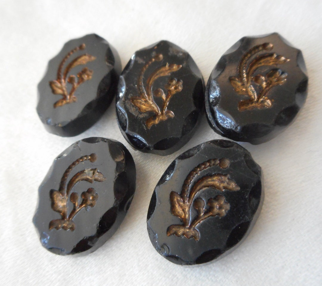 Scalloped Pearlware Rim Set/ 5 Antique Vintage 3/4” Oval Black Glass Scallop Rim Gold Flower ...
