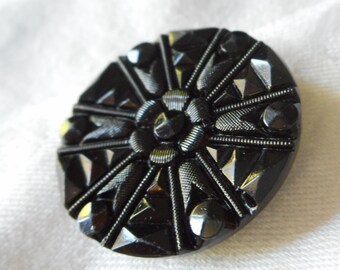ANTIQUE Faceted Wheel Spoke Design Black Glass BUTTON