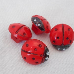 Set/ 4 VINTAGE 1/2” Realistic Red Glass Ladybug Costume Clothing Adorn Embellish Sewing Supply Craft Finding Closure Fastener BUTTONS