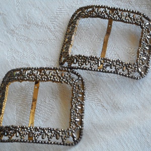 Set/ 2 Rectangle ANTIQUE Fine Riveted Cut Steel Costume Clothing Adornment Accessory Embellish Finding Sewing Supply Fastener Shoe Buckles