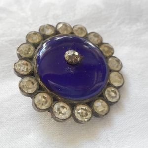 ANTIQUE VINTAGE 1  1/4” Cobalt Blue Enamel & Paste Rhinestone Silver Adorn Accessory Embellish Sewing Supply Finding Closure Fastener BUTTON