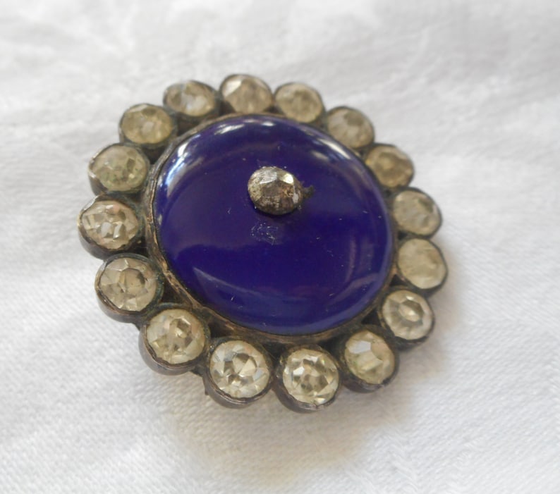ANTIQUE VINTAGE 1 shops 1/4” Cobalt Blue Enamel & Paste Rhinestone Silver Adorn Accessory Embellish Sewing Supply Finding Closure Fastener BUTTON