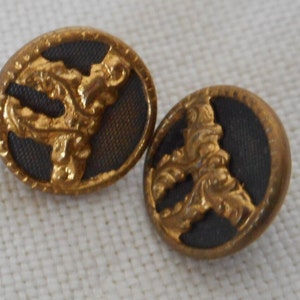 May include: Two antique gold-colored buttons with a black center. Each button features an ornate, raised design. The buttons are round with a textured border. The design appears to be a stylized floral or heraldic motif.