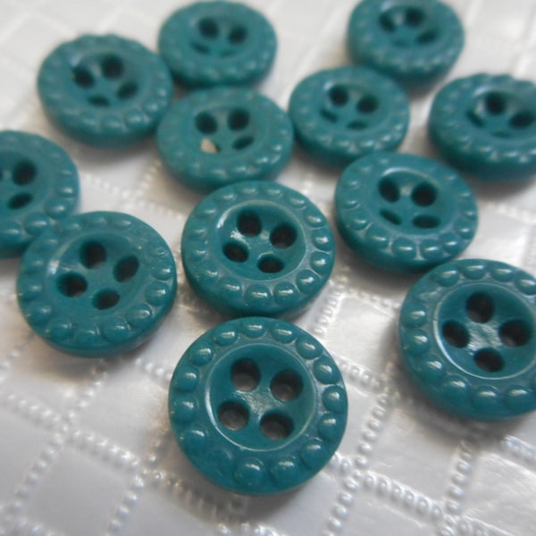 Set/12 VINTAGE Tiny 3/8" Hobnail Rim Teal Turquoise Glass Sew Thru Clothing Embellish Sewing Supply Craft Finding Closure Fastener BUTTONS