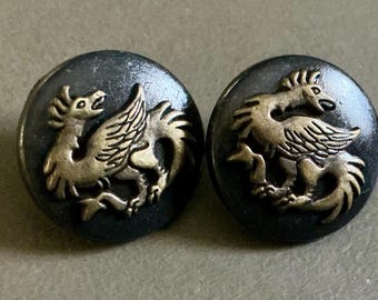 Set/ 2 Vintage 5/8” Dragon Griffen Gold Escutcheon Black Metal Costume Clothing Adorn Embellish Sewing Supply BUTTONS