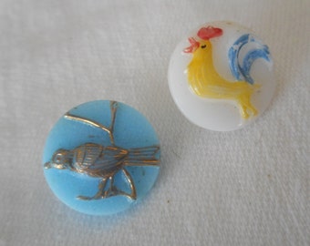 Lot/ 2 VINTAGE 1/2” Gold Paint Bird Blue Glass & Paint Rooster White Glass Clothing Adorn Embellish Sewing Supply Craft Fastener BUTTONS