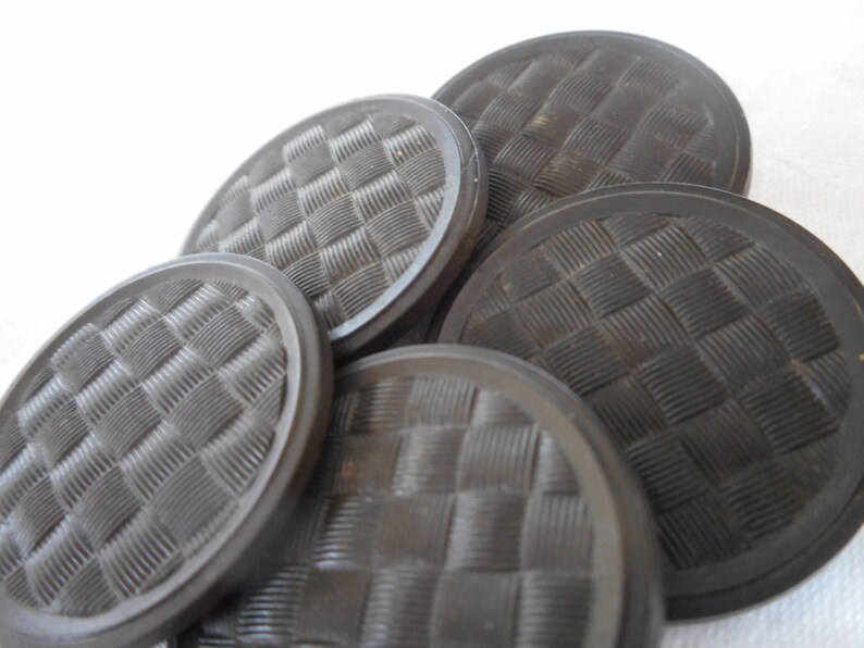 Set of 5 ANTIQUE VINTAGE 1 14\u201d Large Texture Weave Design Black Goodyear Rubber Collectible Sewing Supply Finding Closure Fastener BUTTONS