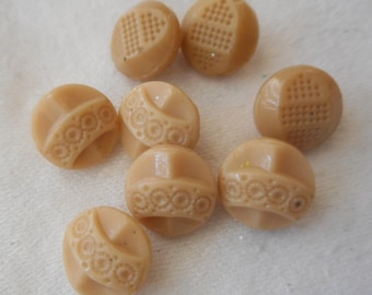 2 Sets/8 VINTAGE 3/8” Tan Beige Patterned Glass Costume Clothing Tiny Baby Doll Sewing Supply Adorn Embellish Craft Closure Fastener BUTTONS