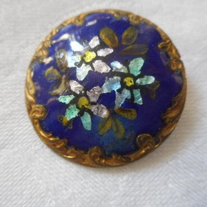ANTIQUE VINTAGE 7/8” Blue Enamel & Foil Flowers with Gold Swirl Costume Clothing Sewing Supply Craft Finding Closure Fastener BUTTON