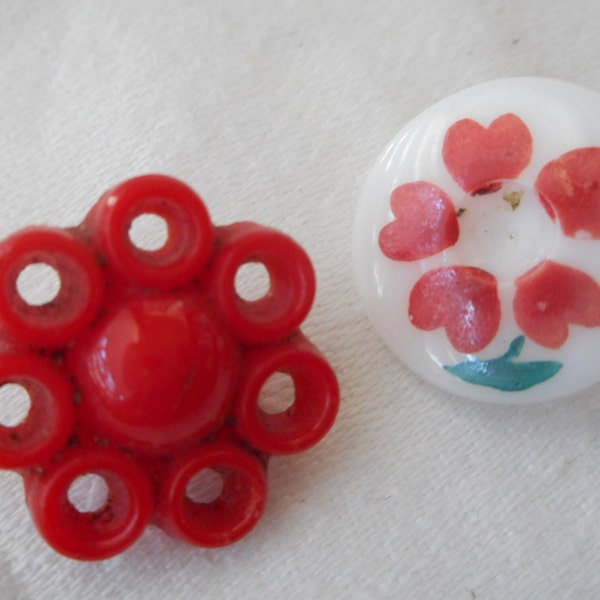 Lot/ 2 VINTAGE 5/8" Red Tulip Flower Heart & Pierced Red Plastic Costume Clothing Adorn Embellish Sewing Supply Craft Fastener BUTTONS