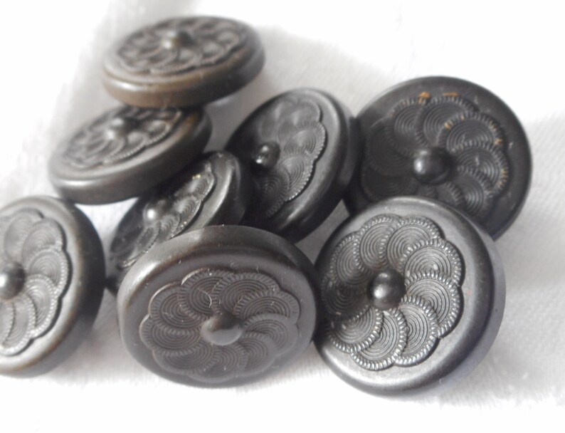 Set 8 ANTIQUE VINTAGE Swirl Petal Flower Black Signed Goodyear Rubber Metal Shank Collectible Sewing Supply Craft Closure Finding BUTTONS