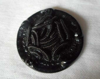 VINTAGE 1 1/2” Imitate Fabric Black Glass No Shank Jewelry Sewing Supply Craft Finding Cabochon BUTTON