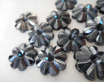 Set/ 12 VINTAGE 9/16” 13mm Gunmetal Frosted Black Glass Flower Shape Embellishment Adorn Trim Craft Jewelry Cabochon Finding Beads