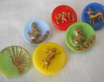 Lot/ 6 VINTAGE 9/16” Gold Paint Animal Mix Color Glass Costume Clothing Sewing Supply Adorn Embellish Craft Closure Fastener BUTTONS