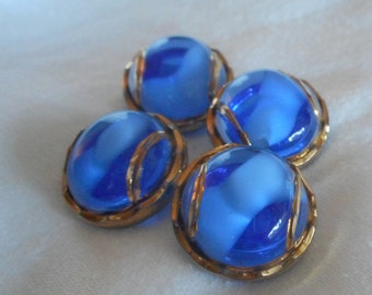 Set/ 4 VINTAGE 3/4” Blue Glass over White Gold Trim Chunky Clothing Adorn Embellish Sewing Supply Craft Closure Finding Fastener BUTTONS