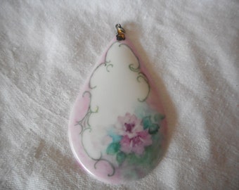 VINTAGE Large Hand Painted Porcelain Teardrop Pink Floral Flower Costume Embellish Adorn Accessory Jewelry Necklace Pendant Dangle Charm