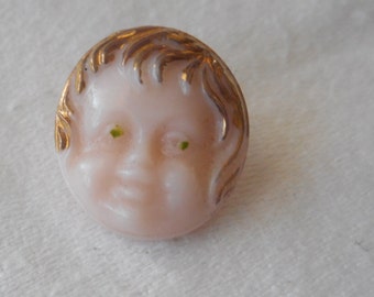 VINTAGE 9/16” Realistic Painted Child Face Pink Glass Costume Clothing Sewing Supply Adorn Embellish Craft Finding Closure Fastener BUTTON
