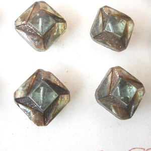 Set/6 ANTIQUE VINTAGE 3/8” Square Green-Teal Tint Glass Costume Clothing Adorn Embellish Sewing Supply Craft Closure Fastener BUTTONS