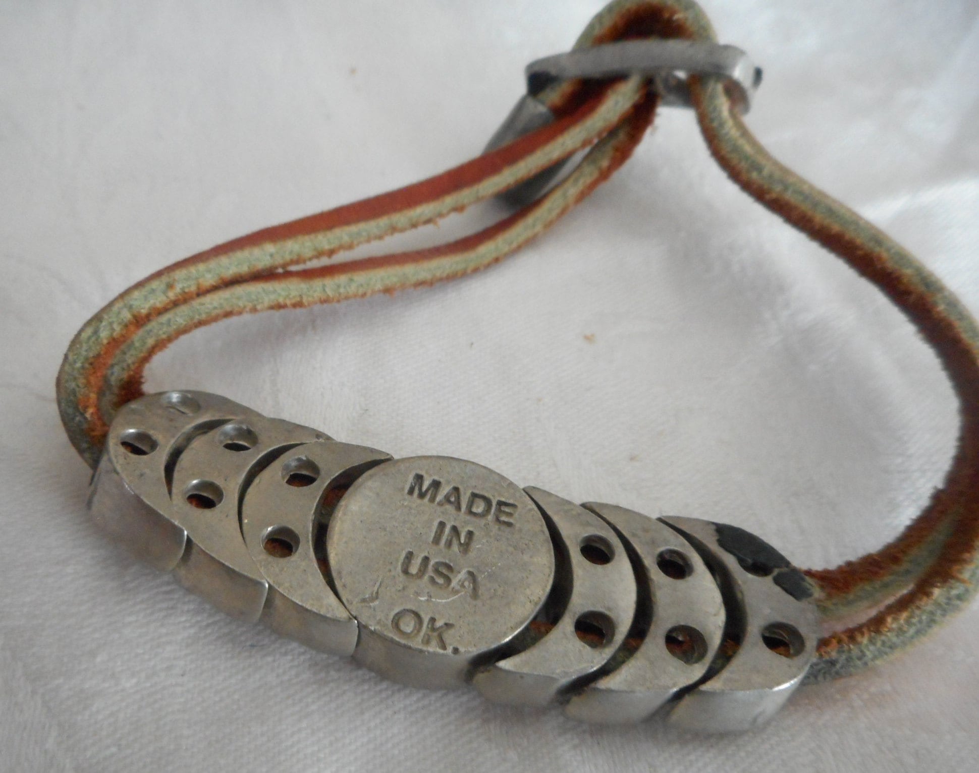 VINTAGE Navajo Bear Symbol Silver Metal & Leather Adjustable