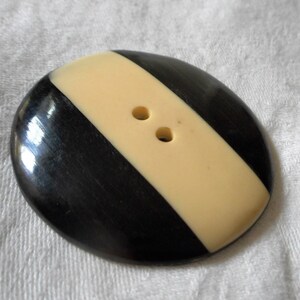 May include: A black and cream striped button with two holes. The button is made of plastic and has a glossy finish.