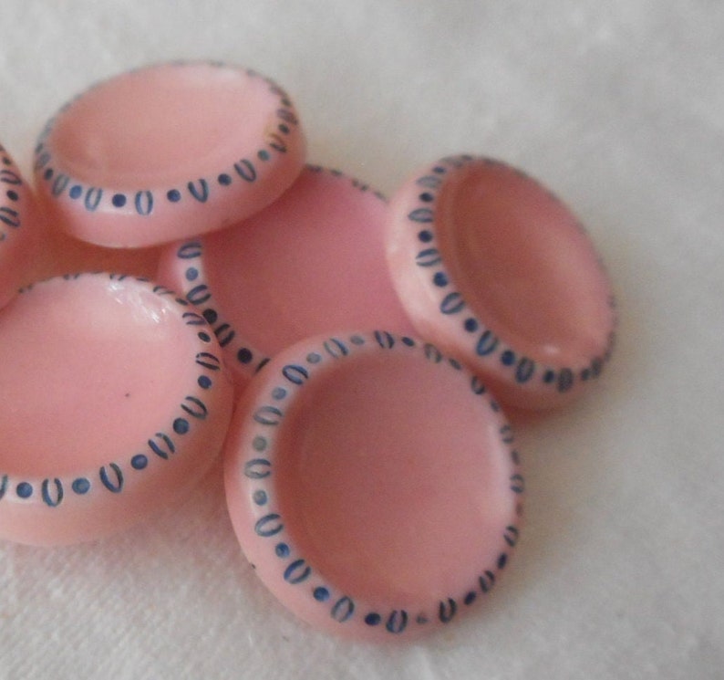 Set/ 5 VINTAGE 9/16 Pink with Blue Trim Rim Glass Costume Clothing Adorn Embellish Sewing Supply Craft Finding Closure Fastener BUTTONS image 4