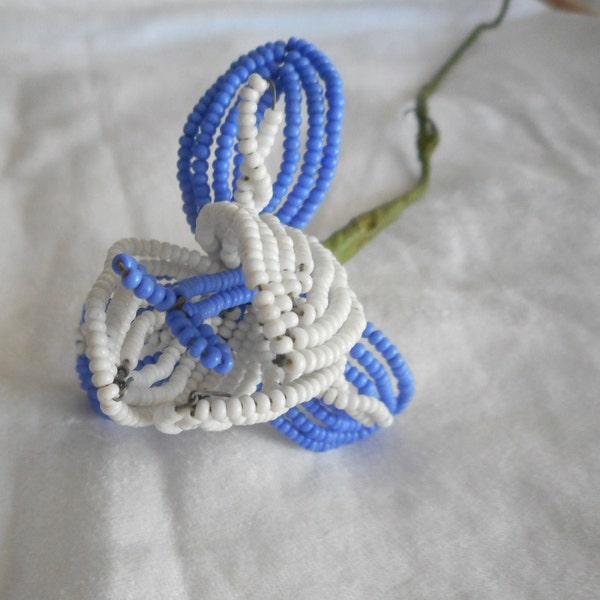 VINTAGE French Glass Seed Bead Blue & White Floral Flower Stem Bouquet Boutonniere Adorn Embellish Craft Finding