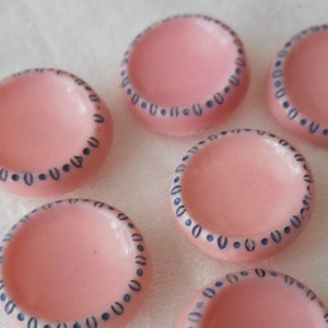 Set/ 5 VINTAGE 9/16 Pink with Blue Trim Rim Glass Costume Clothing Adorn Embellish Sewing Supply Craft Finding Closure Fastener BUTTONS image 2
