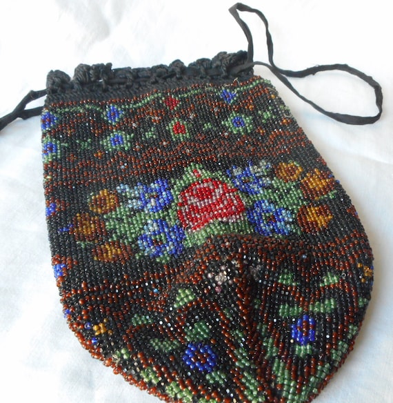 Antique VINTAGE Rose Flower Beaded Drawstring Cos… - image 6