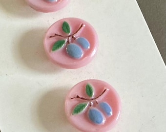 Set/4 VINTAGE 9/16” Pink Glass Blue Paint Fruit NOS Germany Card Costume Clothing Sewing BUTTONS