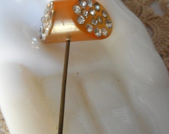 Vintage Rhinestone Angle Edge Butterscotch Celluloid Costume Clothing Adornment Accessory Lapel Jewelry Hat Stick Pin Brooch