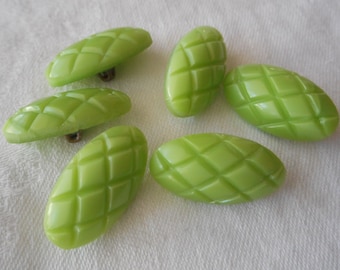 Set/ 6 Vintage 3/4” Green Glass Sewing Buttons: Criss Cross Oval Design