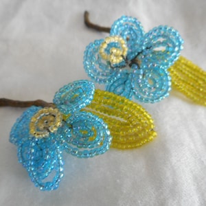 Set/ 2 VINTAGE French Glass Seed Bead Blue Floral Flower Bouquet Boutonniere Adorn Embellish Craft Finding