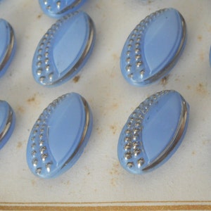 Set/ 8 VINTAGE 9/16” Oblong Blue Glass Silver Trim Costume Clothing Adorn Embellish Sewing Supply Craft Finding Closure Fastener BUTTONS