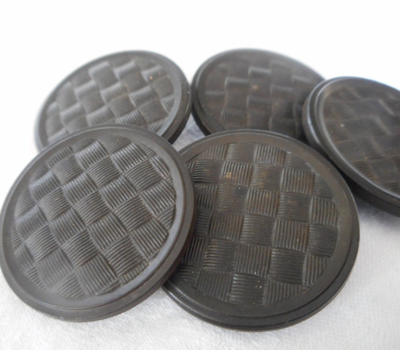 Set of 5 ANTIQUE VINTAGE 1 14\u201d Large Texture Weave Design Black Goodyear Rubber Collectible Sewing Supply Finding Closure Fastener BUTTONS