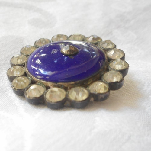 ANTIQUE VINTAGE 1 shops 1/4” Cobalt Blue Enamel & Paste Rhinestone Silver Adorn Accessory Embellish Sewing Supply Finding Closure Fastener BUTTON