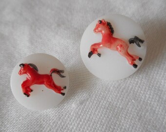 Set/ 2 VINTAGE 7/16" & 9/16” Painted Red Horse White Glass Costume Clothing Adorn Embellish Sewing Supply Craft Closure Fastener BUTTONS